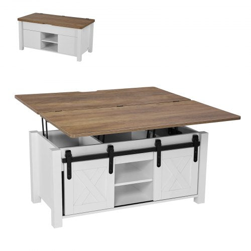 1000 mm lyftbart soffbord i lantlig stil, rustikt mittbord med ladugårdsdörr och dolt förvaringsfack, modern rektangulär lyftbar bordsskiva för vardagsrum, kontor, hem, enkel montering, brun