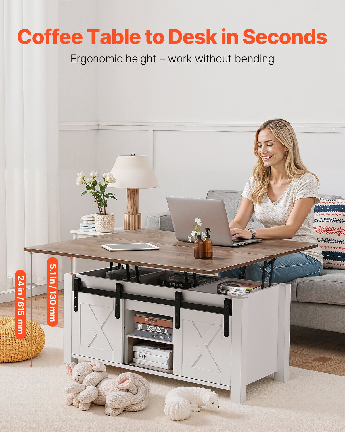 1000 mm lyftbart soffbord i lantlig stil, rustikt mittbord med ladugårdsdörr och dolt förvaringsfack, modern rektangulär lyftbar bordsskiva för vardagsrum, kontor, hem, enkel montering, brun