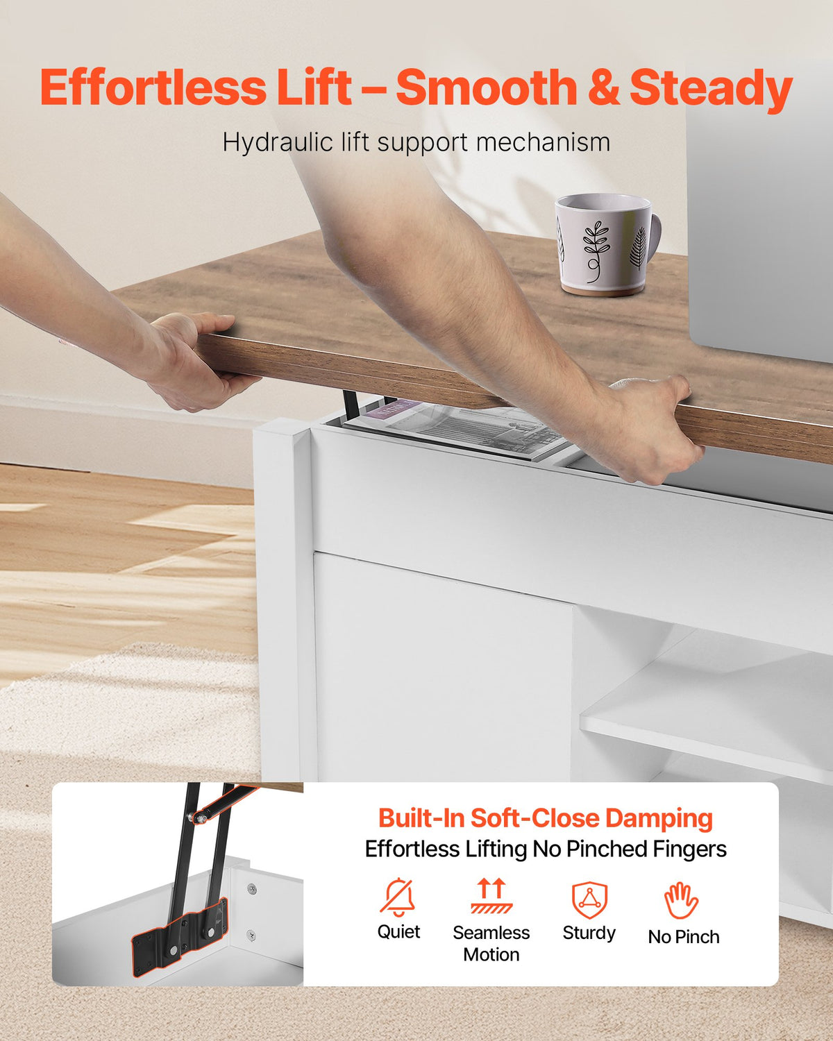 1000 mm lyftbart soffbord i lantlig stil, rustikt mittbord med ladugårdsdörr och dolt förvaringsfack, modern rektangulär lyftbar bordsskiva för vardagsrum, kontor, hem, enkel montering, brun