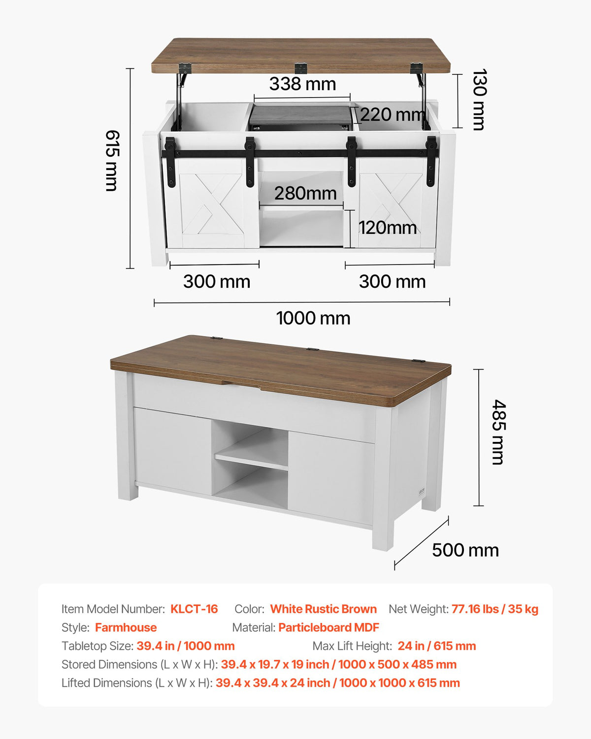 1000 mm lyftbart soffbord i lantlig stil, rustikt mittbord med ladugårdsdörr och dolt förvaringsfack, modern rektangulär lyftbar bordsskiva för vardagsrum, kontor, hem, enkel montering, brun