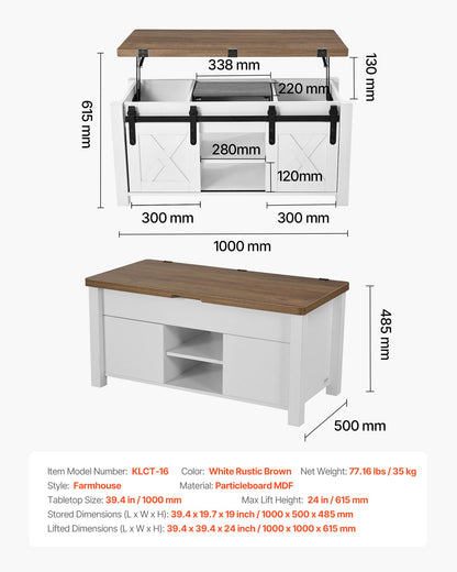 1000 mm lyftbart soffbord i lantlig stil, rustikt mittbord med ladugårdsdörr och dolt förvaringsfack, modern rektangulär lyftbar bordsskiva för vardagsrum, kontor, hem, enkel montering, brun
