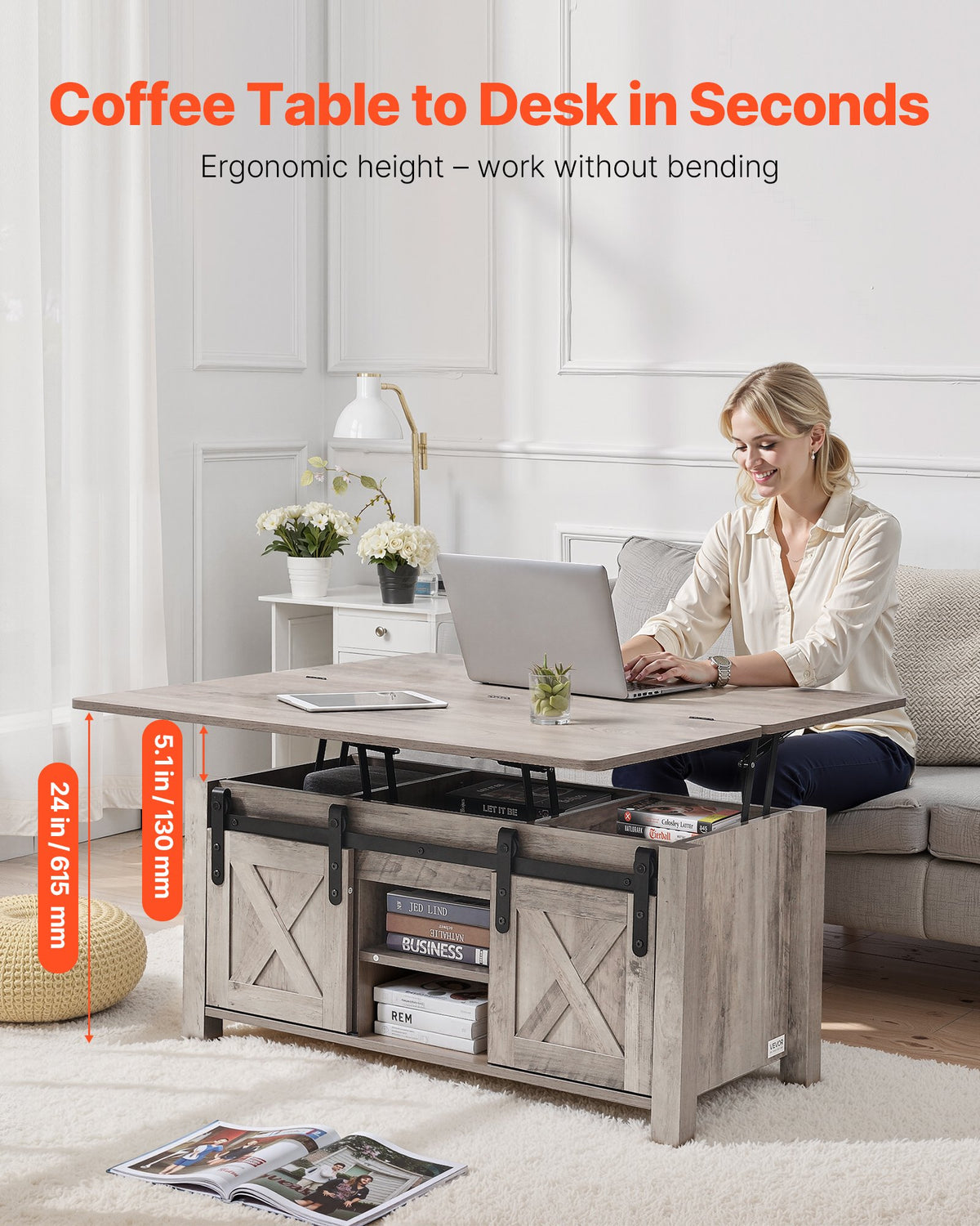 1000 mm lyftbart soffbord i lantlig stil, rustikt mittbord med ladugårdsdörr och dolt förvaringsfack, modern rektangulär lyftbar bordsskiva för vardagsrum, kontor, hem, enkel montering, ek