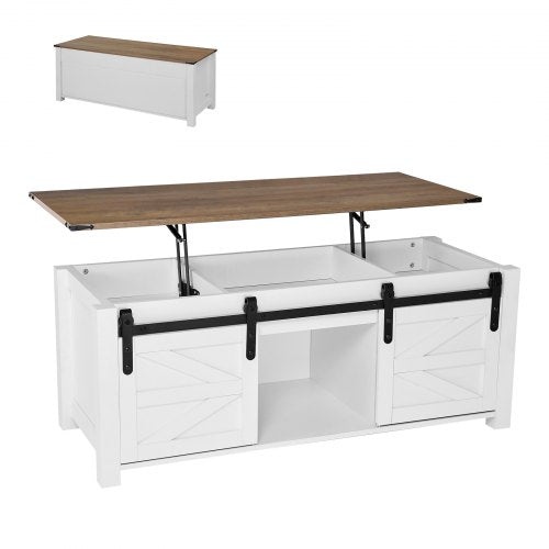1200 mm lyftbart soffbord i lantlig stil, rustikt mittbord med ladugårdsdörr och dolt förvaringsfack, modern rektangulär lyftbar bordsskiva för vardagsrum, kontor, hem, enkel montering, vit