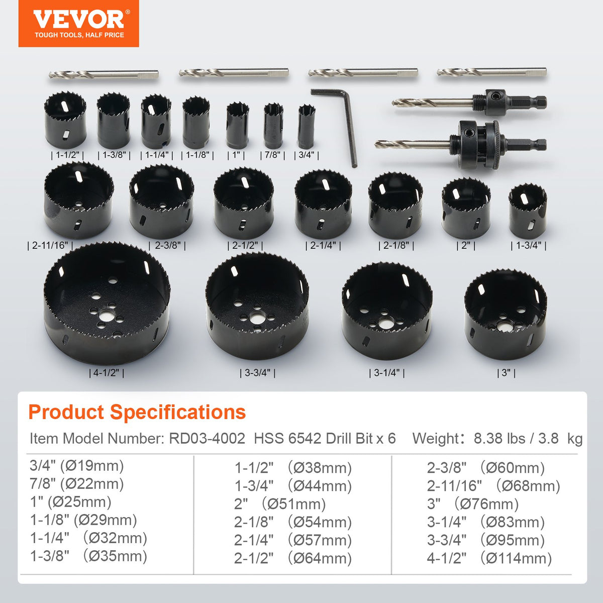 Hole Saw Kit, 18 PCS Saw Blades, 6 Drill Bits, 1 Hex Wrench, Bi Metal M42 Hole Saw Set with Carrying Case, General Purpose Size from 1.9cm to 11.4cm, Ideal for Wood Board, Iron and Plastic Plate