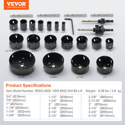 Hole Saw Kit, 18 PCS Saw Blades, 6 Drill Bits, 1 Hex Wrench, Bi Metal M42 Hole Saw Set with Carrying Case, General Purpose Size from 1.9cm to 11.4cm, Ideal for Wood Board, Iron and Plastic Plate
