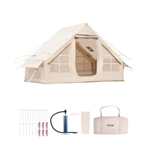 Inflatable Tents for Camping, 3-5 Person Easy Setup Blow up Tent with Hand Pump, 300D Oxford 4 Season Glamping Tent with Stove Jack 2 Doors & 2 Mesh Windows, Storage Bag Included for Easy Taking
