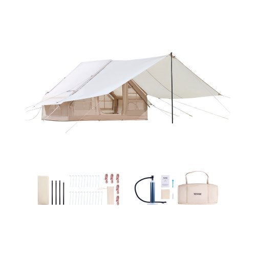 Inflatable Tents for Camping, 3-5 Person Easy Setup Blow up Tent with Hand Pump, 300D Oxford 4 Season Glamping Tent with Canopy, Stove Jack, 2 Doors & 2 Mesh Windows (Storage Bag Included)