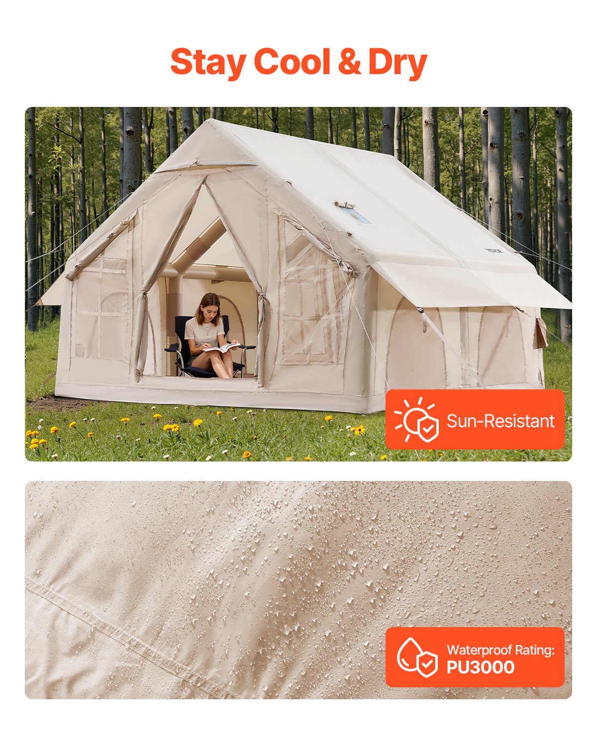 Uppblåsbara tält för camping, 4-6 personers lättmonterat uppblåst tält med handpump, 300D Oxford 4 säsonger glampingtält med spisuttag, 2 dörrar och 4 nätfönster, förvaringsväska ingår för enkel förvaring