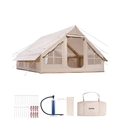 Inflatable Tents for Camping, 5-8 Person Easy Setup Blow up Tent with Hand Pump, 300D Oxford Glamping Tent with Stove Jack 2 Doors & 4 Mesh Windows, Storage Bag Included for Easy Taking