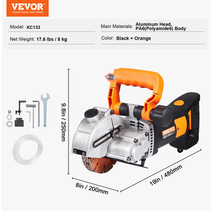 Elektrisk väggfräs, väggnotfräs 133 mm, notfräs djup 42 mm, väggspårsmaskin 2500 W, väggskärmaskin med vattenpump