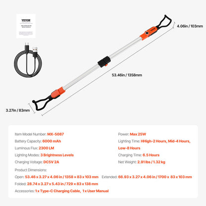 Arbetslampa under huven, 2300 LM, 6000 mAh uppladdningsbar ljusstark LED-lampa, bärbar sladdlös arbetslampa för mekaniker med krokar, för bilreparationer, inspektion, garage, verkstad, nödbelysning i hemmet