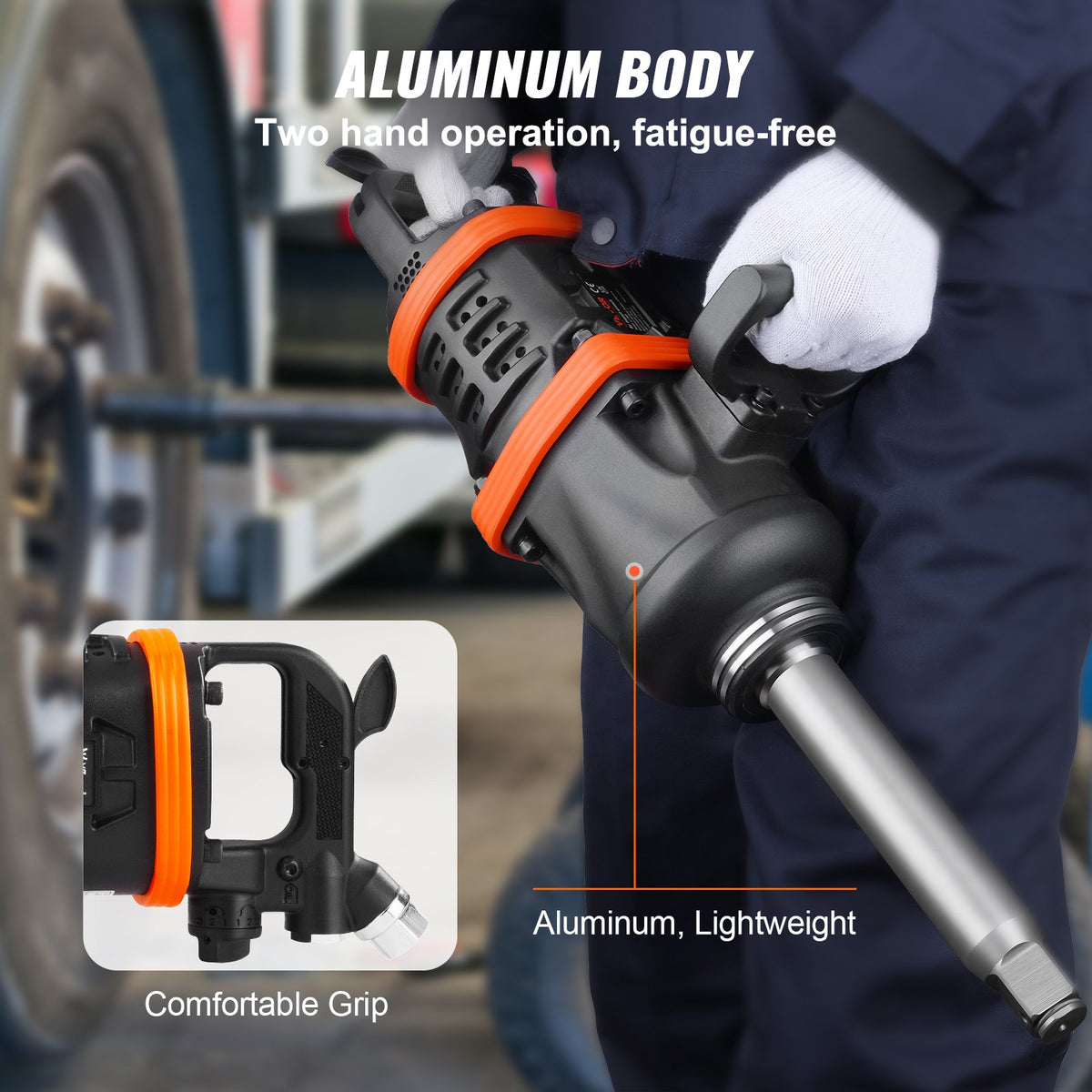 2,5 cm lufttrycksmutterdragare, upp till 7016,37 Nm, vridmoment i omvänd riktning, pneumatisk slagpistol med 20 cm förlängt städ för reparationer och underhåll av tunga maskiner/lastbilar/bussar