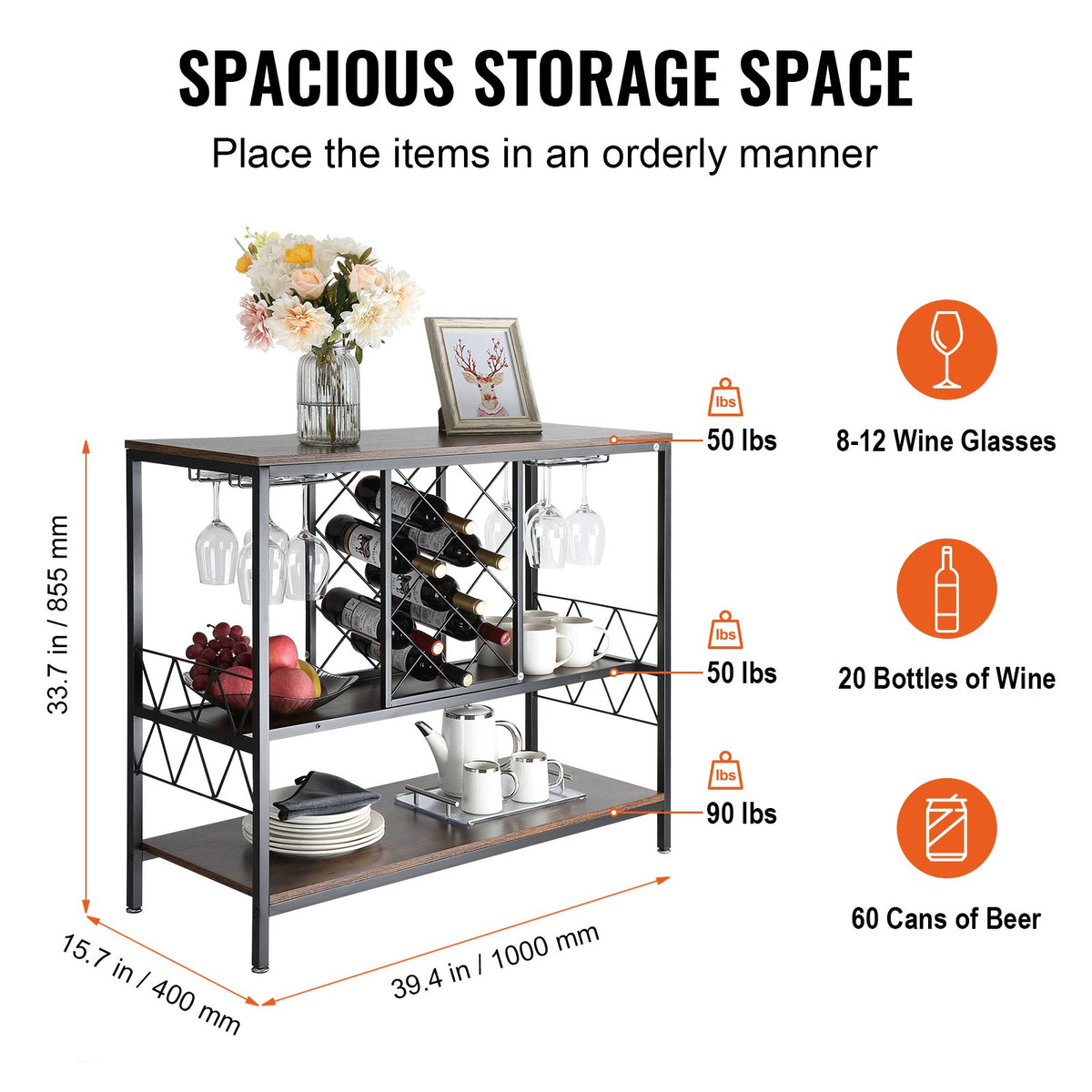 40 Inch Industrial Bar Cabinet, Wine Table for Liquor and Glasses, Sideboard Buffet Cabinet with Glass Holder & Wine Rack, Freestanding Farmhouse Wood Coffee Bar Cabinet for Living Room Home Bar