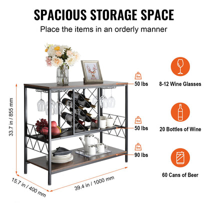 40 Inch Industrial Bar Cabinet, Wine Table for Liquor and Glasses, Sideboard Buffet Cabinet with Glass Holder & Wine Rack, Freestanding Farmhouse Wood Coffee Bar Cabinet for Living Room Home Bar