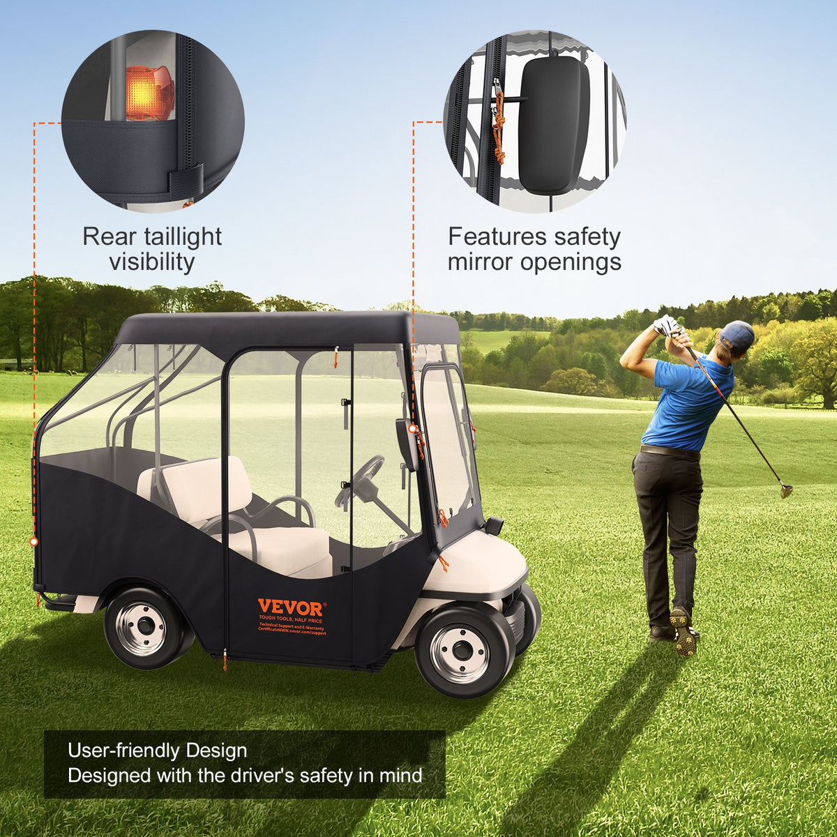 Golfbilshölje, 420D polyester förarhölje med 4-sidiga transparenta fönster, 4-passagerars klubbbilsskydd för 2+2 passagerare golfbilar, soltätt och dammtätt utomhusvagnsskydd