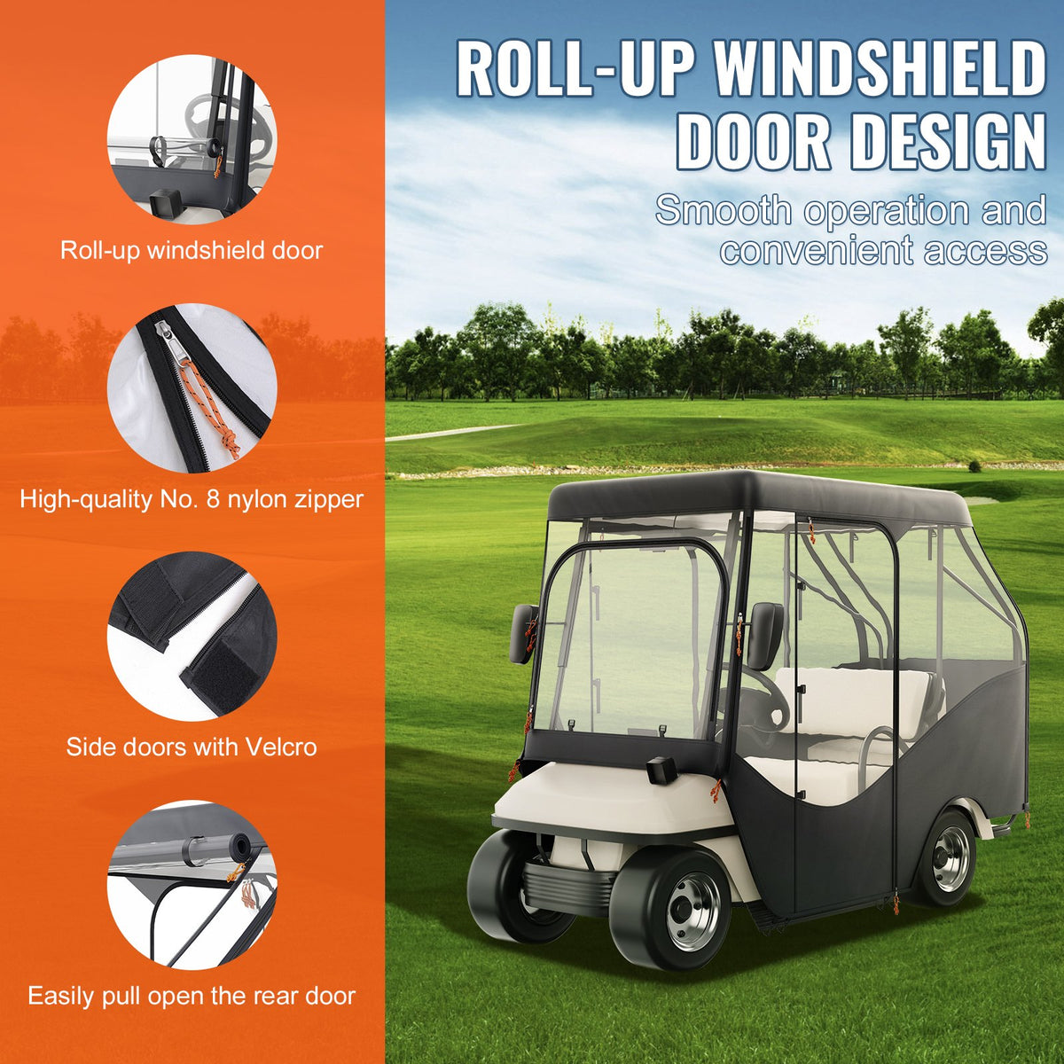 Golfbilshölje, 420D polyester förarhölje med 4-sidiga transparenta fönster, 4-passagerars klubbbilsskydd för 2+2 passagerare golfbilar, soltätt och dammtätt utomhusvagnsskydd