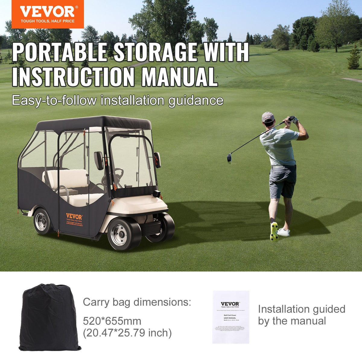 Golfbilshölje, 420D polyester förarhölje med 4-sidiga transparenta fönster, 4-passagerars klubbbilsskydd för 2+2 passagerare golfbilar, soltätt och dammtätt utomhusvagnsskydd