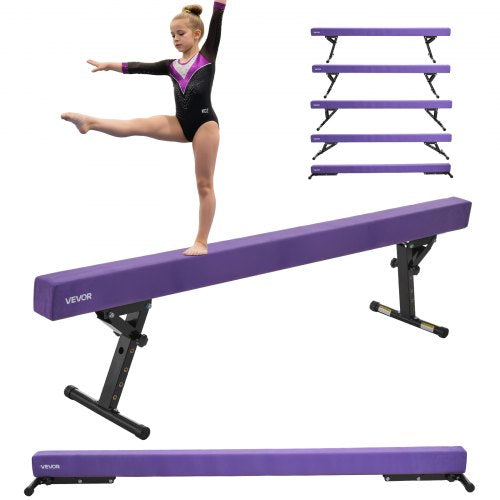 Justerbar balansbalk för barn, 2,4 meter gymnastikbalk, höga och låga golvbalkar med 5 justerbara höjder för alla gymnastiknivåer, professionell gymnastikutrustning för hemmet och gymmet, lila