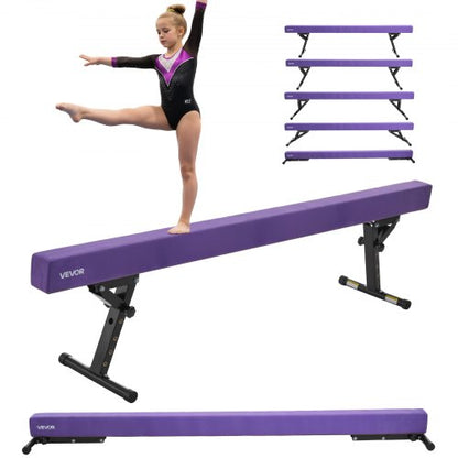 Justerbar balansbalk för barn, 2,4 meter gymnastikbalk, höga och låga golvbalkar med 5 justerbara höjder för alla gymnastiknivåer, professionell gymnastikutrustning för hemmet och gymmet, lila