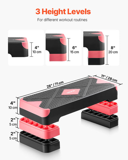Aerobisk trappstegsplattform, 28-tums aerobisk steppmaskin, höjdjusterbar fitnessträningsplattform med 4 risers, halkfri bänk för hemmagym, konditionsstyrka, röd