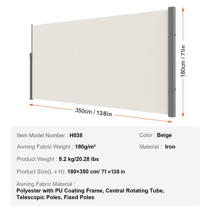 Utfällbar sidomarkis, 71''x 138'' utomhusskärm, 180g polyester vattentät utfällbar terrassskärm, UV 30+ rumsavdelare vindskydd för uteplats, bakgård, balkong, beige