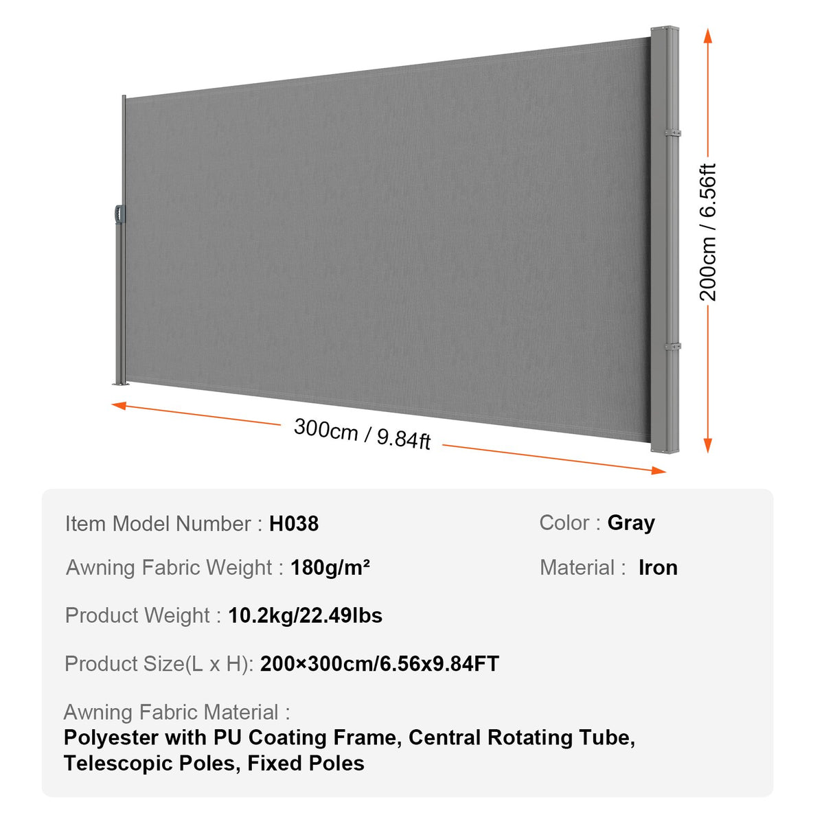 Utfällbar sidomarkis, 79''x 118'' utomhusskärm, 180g polyester vattentät utfällbar uteplatsskärm, UV 30+ rumsavdelare vindskärm för uteplats, bakgård, balkong, grå