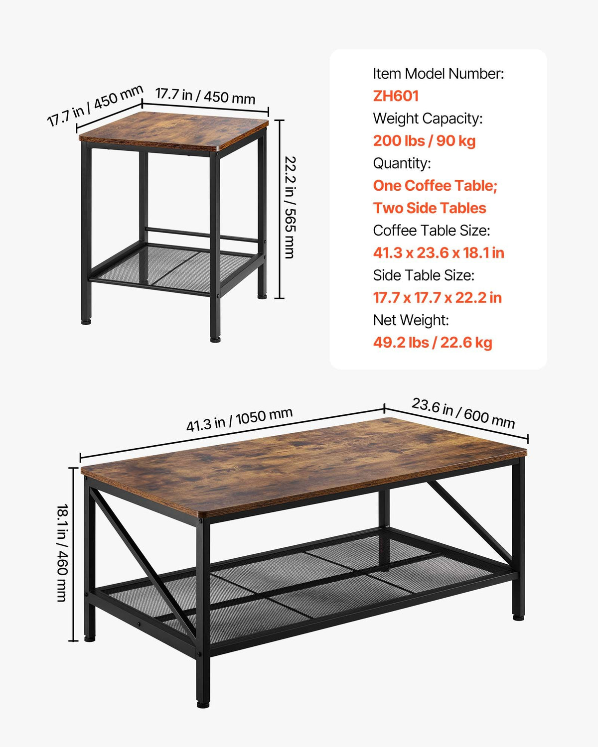 3 delar vardagsrumsbordsset, 105 cm industriellt soffbord med 2 fyrkantiga sidobord, lättmonterade soff- och sidobordsset med metallben, för kontor, vardagsrum och lägenhet