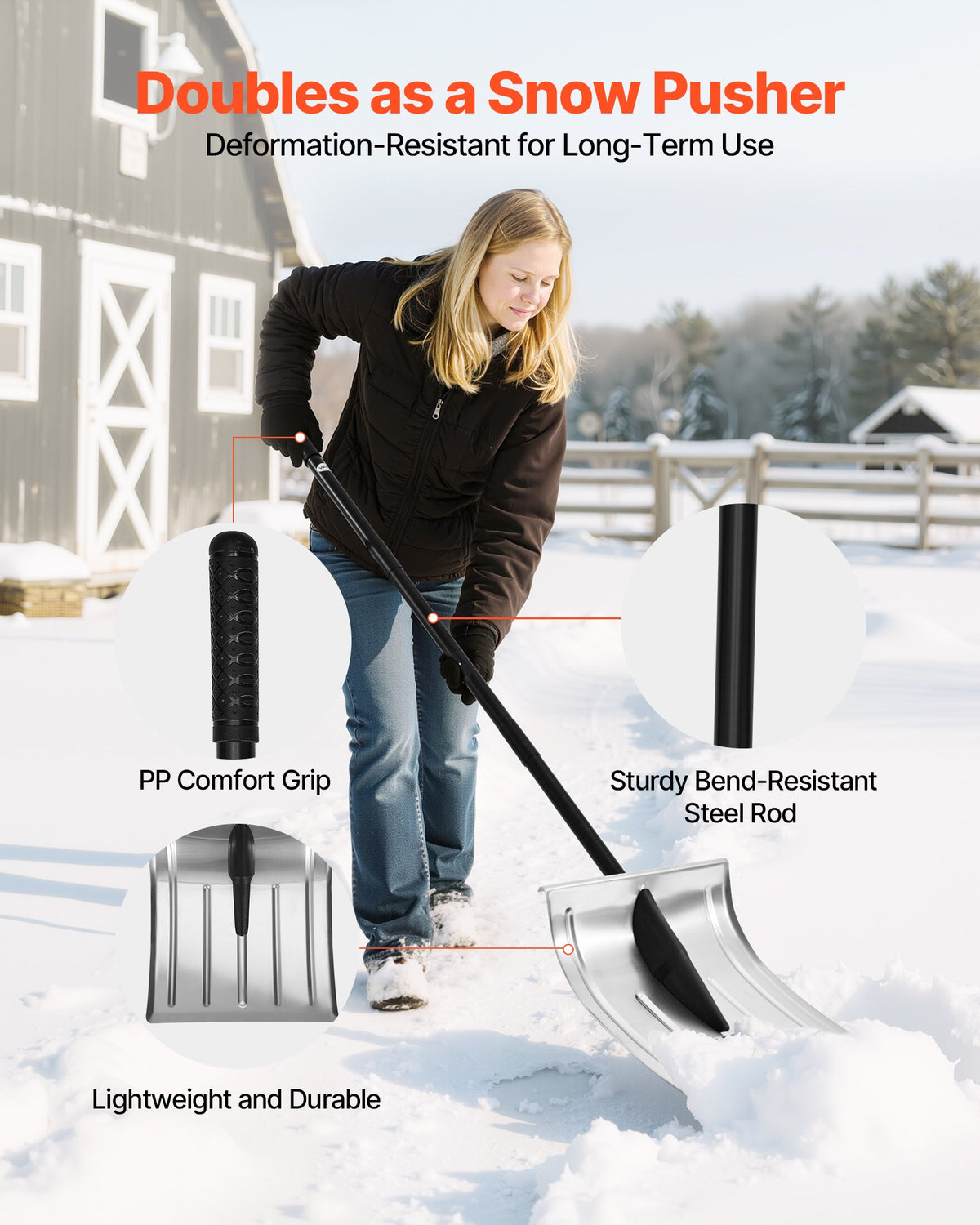 Snöskyffel för uppfart, 40 cm bred snöskyffel i aluminiumlegering, halkfritt grepp, snöplogsskyfflar med stor kapacitet, avtagbart och lätt snöborttagningsverktyg för trädgård, bil, camping, utomhusbruk
