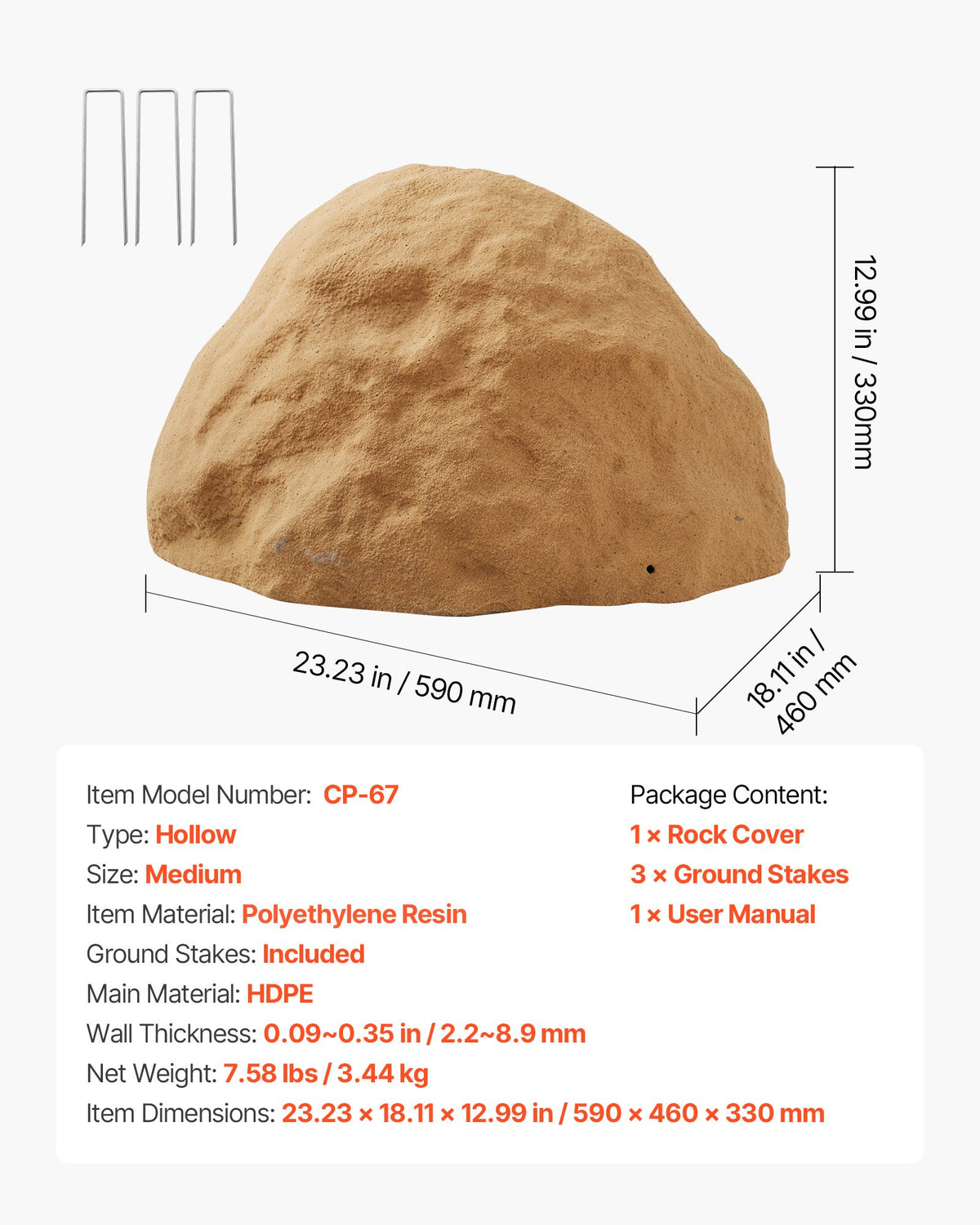 Faux Rock Cover, Outdoor Fake Rock Well Pump Cover, Realistic Natural Texture, Lightweight & Weather-Resistant Artificial Boulder for Landscaping Garden Yard Décor, Sandy Brown, Medium Size