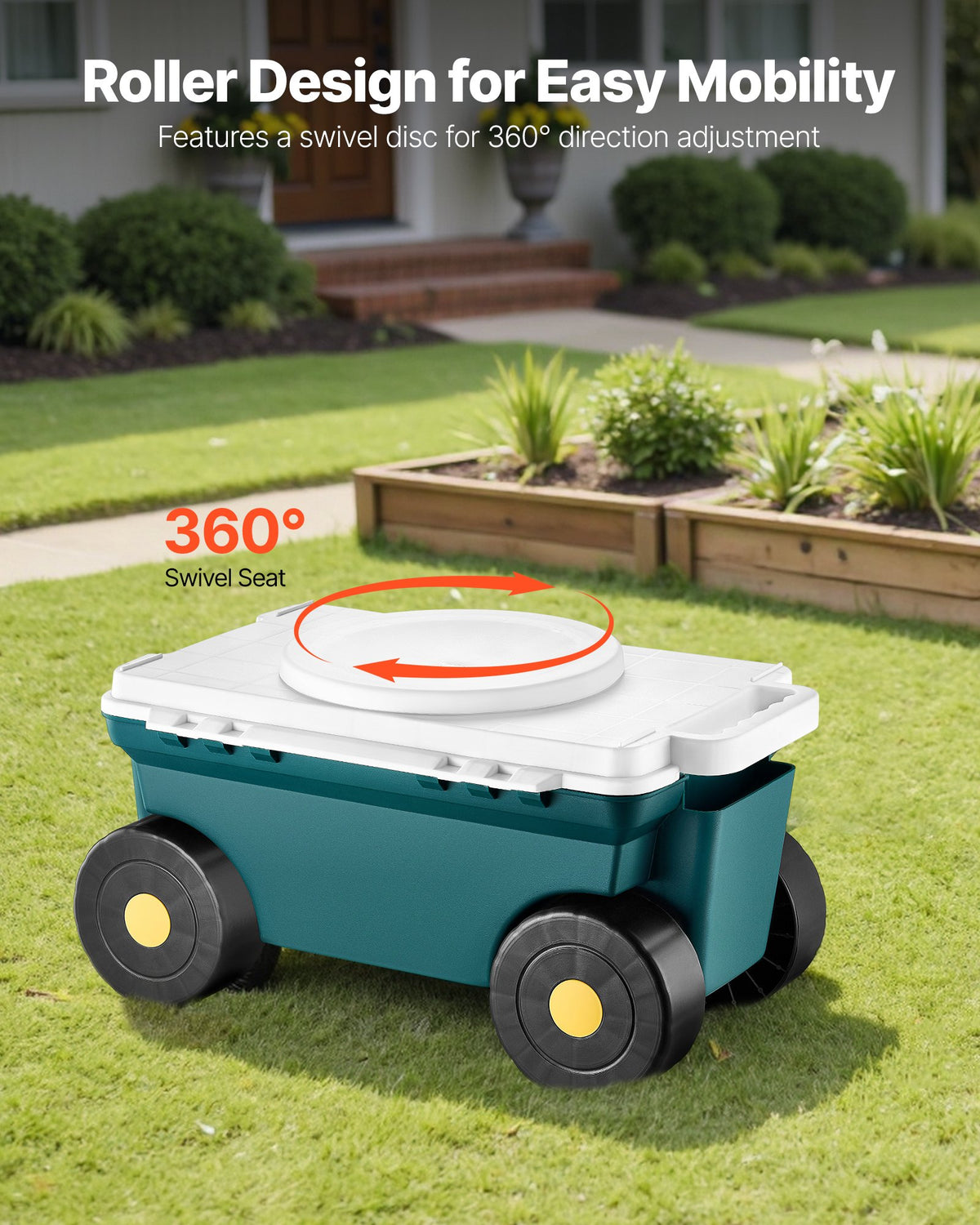 Trädgårdsscooter med säte, 2-i-1 rullande trädgårdsvagn med förvaringsbehållare, stöder upp till 123 kg, utomhusvagn med handtag, lätt förvaringspall för trädgårdsrensning och plantering
