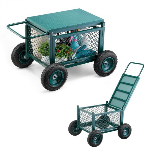 Rolling Garden Cart with Seat, Metal Rolling Garden Work Seat with Wheels, Supports up to 181 kg, Heavy Duty Gardening Cart Scooter, Outdoor Wagon & Stool on Wheels for Lawn, Patio, Backyard