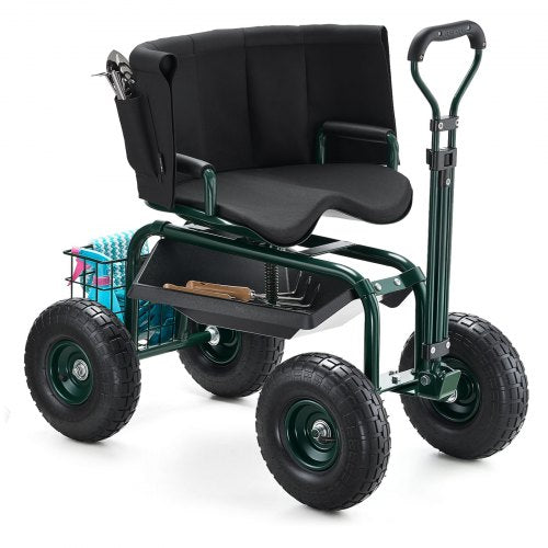 Trädgårdsstol med hjul, rullande trädgårdspall med höjdjusterbar och 360° snurrbar sits, 181 kg viktkapacitet, trädgårdsvagnsbänk, ergonomiskt ryggstöd och verktygsförvaring, för trädgård, uteplats
