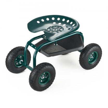 Rullande trädgårdsvagn med snurrsäte, kraftig trädgårdssäte med förvaringskorg och verktygsbricka, viktkapacitet 136 kg, trädgårdspall för utomhusbruk, scooter för plantering och ogräsrensning på gräsmatta