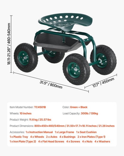 Rullande trädgårdsvagn med snurrsäte, kraftig trädgårdssäte med förvaringskorg och verktygsbricka, viktkapacitet 136 kg, trädgårdspall för utomhusbruk, scooter för plantering och ogräsrensning på gräsmatta