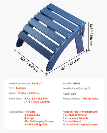 Adirondack fotpall, set om 2, 46,8 cm, hopfällbar Adirondack-fotpall i HDPE-plast, väderbeständig fotstöd för Adirondack-stol, används för utomhusveranda, pool, gräsmatta, bakgård, blå