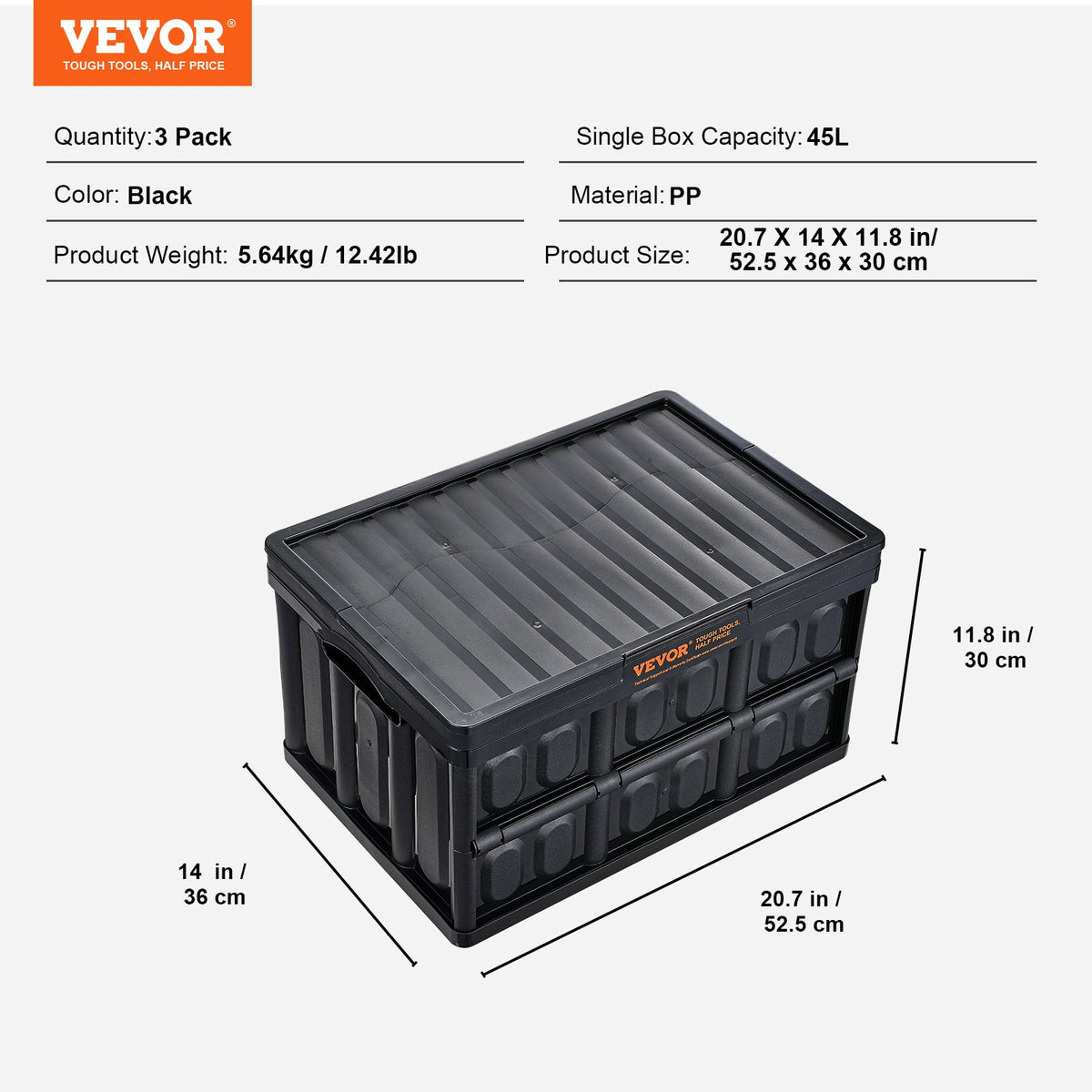 Collapsible Storage Bins with Lids, 45L 3 Packs, Folding Plastic Stackable Utility Crates with Handles, Large Heavy Duty Containers for Clothes, Toys, Books, Snack, Shoes, and Grocery Organizing