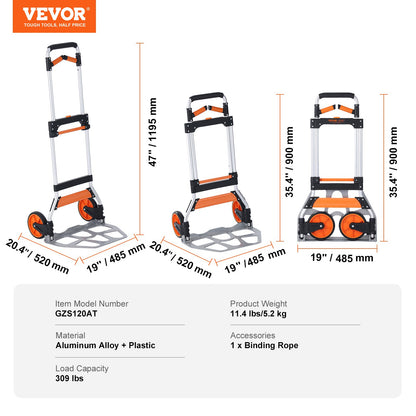 Folding Hand Truck, 309 lbs Load Capacity, Aluminum Portable Cart, Convertible Hand Truck and Dolly with Telescoping Handle and PP+TPR Wheels, Ultra Lightweight Super Strong for Moving Warehouse