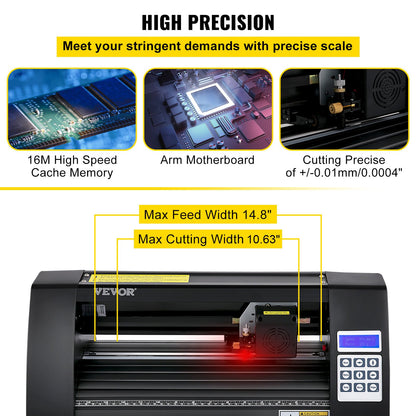 Vinylskärare, 375 mm vinylplotter, LED-skärmplotter, halvautomatiskt inbyggt optiskt öga för noggrann styrning, kompatibel med SignMaster-programvara för Windows-system, skrivbordsdesign