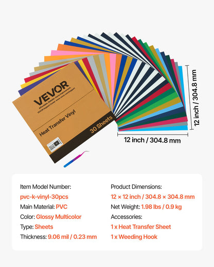 Värmeöverföringsvinyl, 30-pack, 304,8 x 304,8 mm, blandade färger HTV strykvinylpaket, lätt att klippa och rensa, med tillbehör, kompatibel med skärmaskiner, för olika material, t-shirts