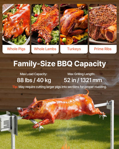 Rotisserie Grill, AC220-240V 8 Level Height Electric Rotisserie Grill Kit, BBQ Grills Rotisseries Kit with 88 lbs Load Capacity, 38W Motor, Stainless Steel Automatic Grilling Kits for Parties