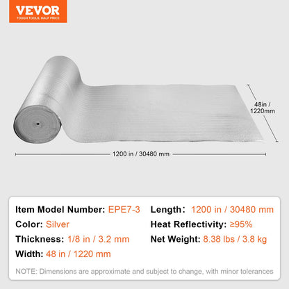 Double Reflective Insulation Roll, Foam Core Radiant Barrier, 3.2 mm 48 in x 100 ft, Double-Sided Aluminum Foil EPE Foam Heat Reflective Shield, Thermal Insulation Roll for Window RV Roof