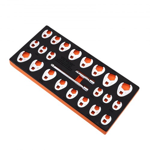 3/8"-fäste Crowfoot-nyckelsats med 2 förlängningsstänger, 24-delars Crows Foot-nyckelsats, SAE 3/8"-1" och metrisk 10-22 mm, CR-MO-stål Crowfoot-nyckelsats, med EVA-verktygshållare