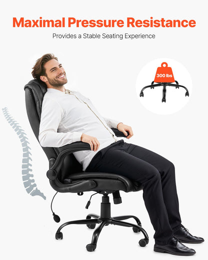 Executive Chair, High Back Office Chair with Flip-up Armrests & Lumbar Support, Ergonomic Desk Chair Adjustable Tilt & Height, PU Leather Swivel Rolling Chair for Working, Study, Gaming, Black
