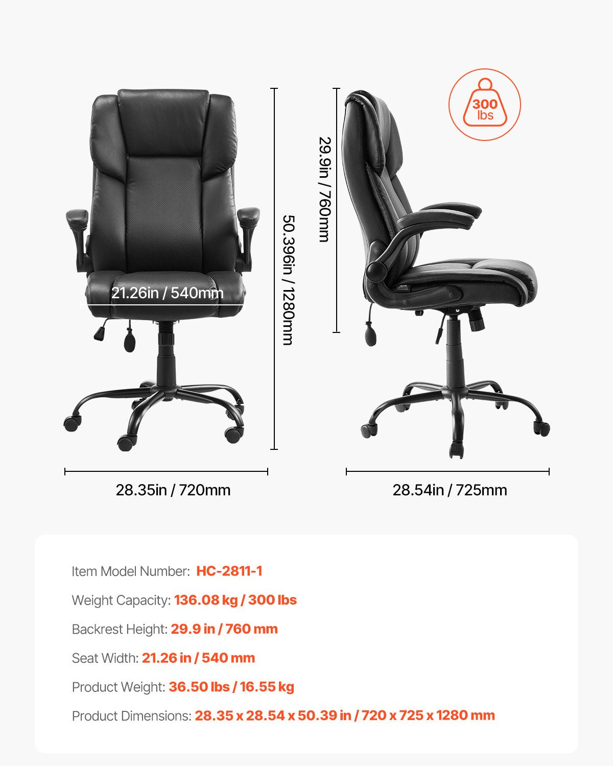 Executive Chair, High Back Office Chair with Flip-up Armrests & Lumbar Support, Ergonomic Desk Chair Adjustable Tilt & Height, PU Leather Swivel Rolling Chair for Working, Study, Gaming, Black