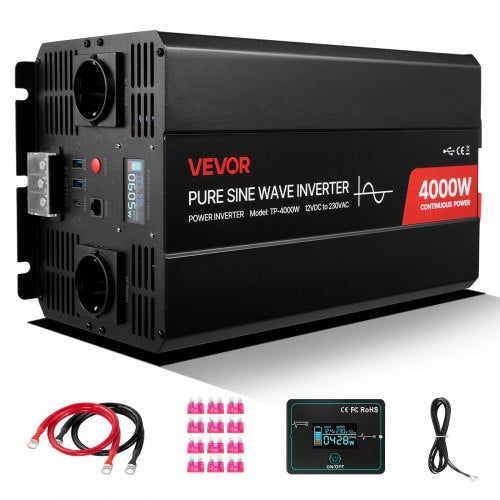 4000W växelriktare, 12V DC till 230V AC ren sinusvågsväxelriktare, solcellsladdare för bil med LCD-skärm, fjärrkontroll, 2 USB-portar, 2 AC-uttag, typ-C-port, för husbil, lastbil utomhusbruk