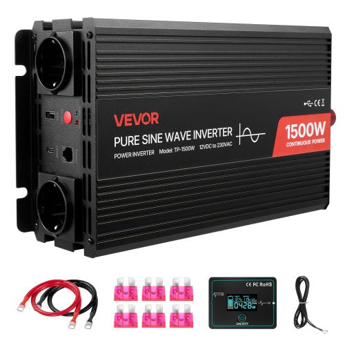 1500W växelriktare, 12V DC till 230V AC ren sinusvågsväxelriktare, billaddare med fjärrkontroll, USB- och typ-C-portar, 2 AC-uttag, snabbladdning för husbil, lastbil, utomhuscamping