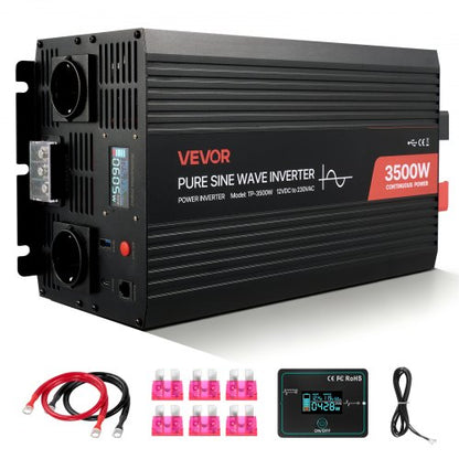 3500W växelriktare, 12V DC till 230V AC ren sinusvågsväxelriktare, solcellsladdare för bil med LCD-skärm, fjärrkontroll, USB-port, 2 AC-uttag, typ-C-port, för husbil, lastbil, utomhuscamping