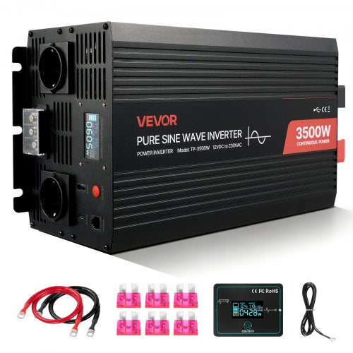 3500W växelriktare, 12V DC till 230V AC ren sinusvågsväxelriktare, solcellsladdare för bil med LCD-skärm, fjärrkontroll, USB-port, 2 AC-uttag, typ-C-port, för husbil, lastbil, utomhuscamping