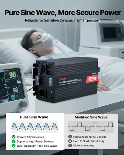 3500W växelriktare, 12V DC till 230V AC ren sinusvågsväxelriktare, solcellsladdare för bil med LCD-skärm, fjärrkontroll, USB-port, 2 AC-uttag, typ-C-port, för husbil, lastbil, utomhuscamping