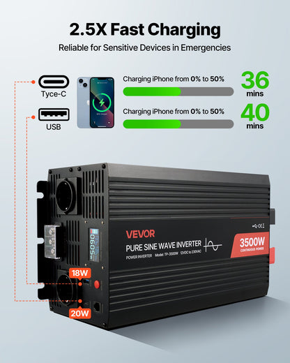 3500W växelriktare, 12V DC till 230V AC ren sinusvågsväxelriktare, solcellsladdare för bil med LCD-skärm, fjärrkontroll, USB-port, 2 AC-uttag, typ-C-port, för husbil, lastbil, utomhuscamping